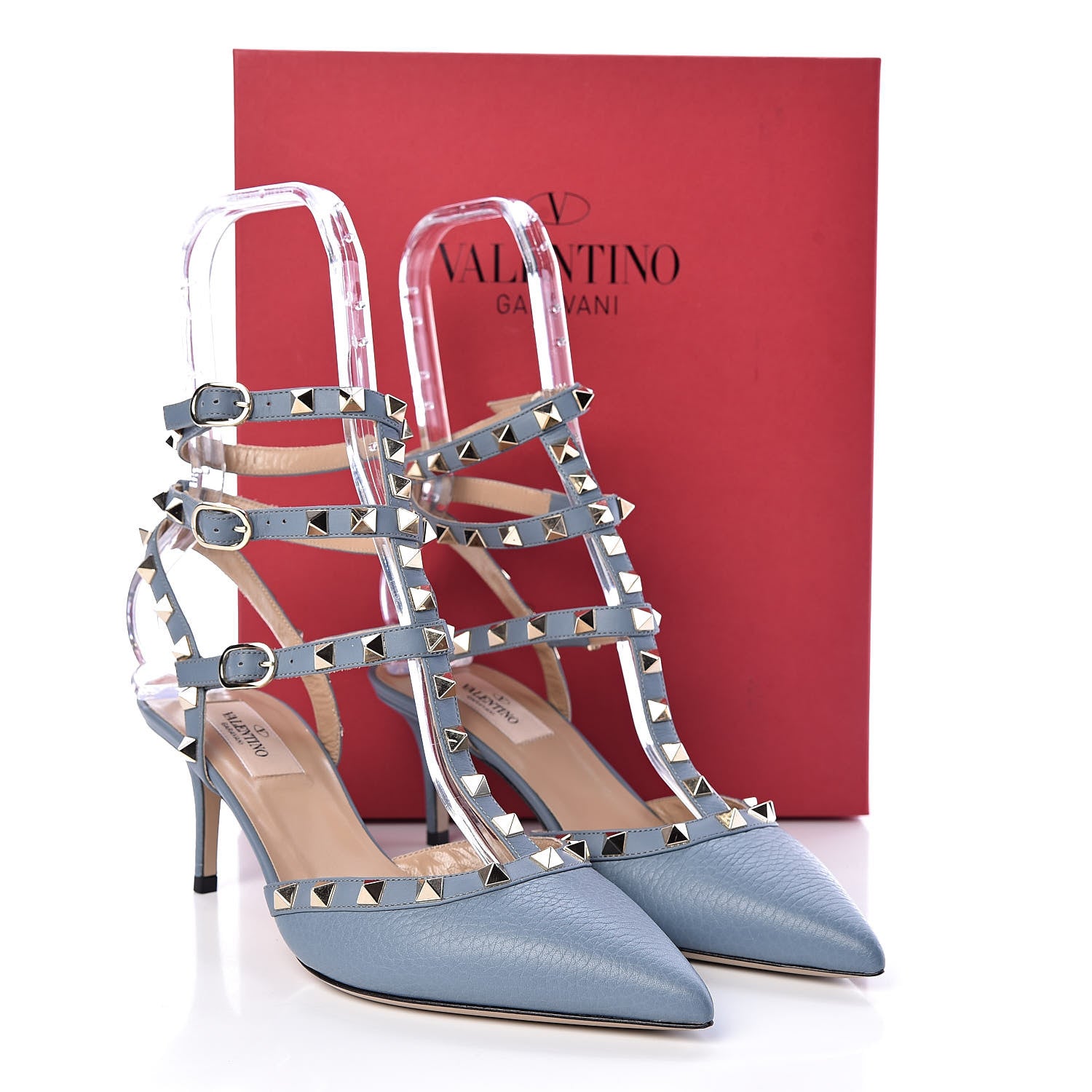 Valentino Garavani Pebbled Calfskin Rockstud Ankle Strap 65mm Pumps 38 Niagara 9 of 9