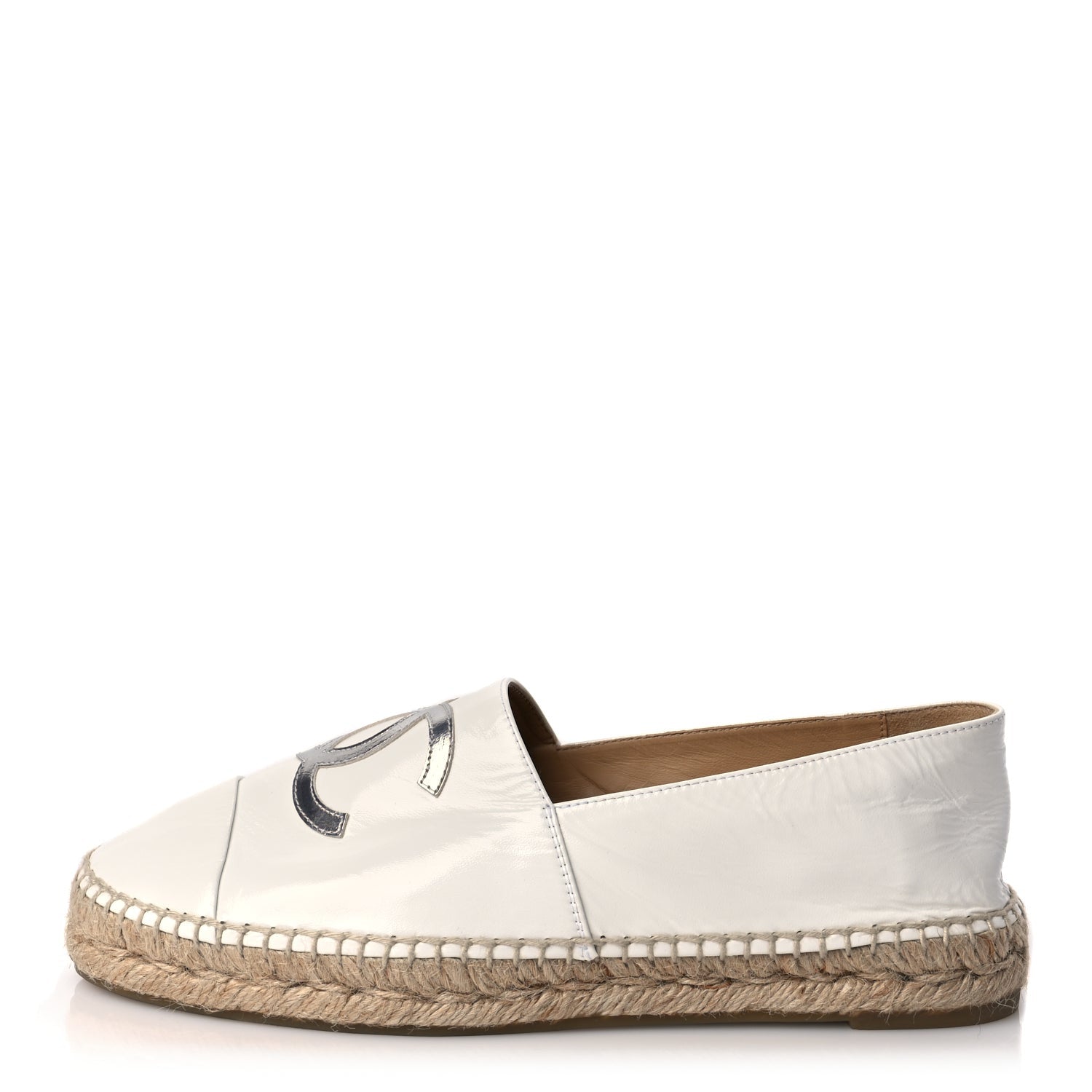 Chanel Distressed Patent CC Espadrilles 40 White Silver 1 of 8