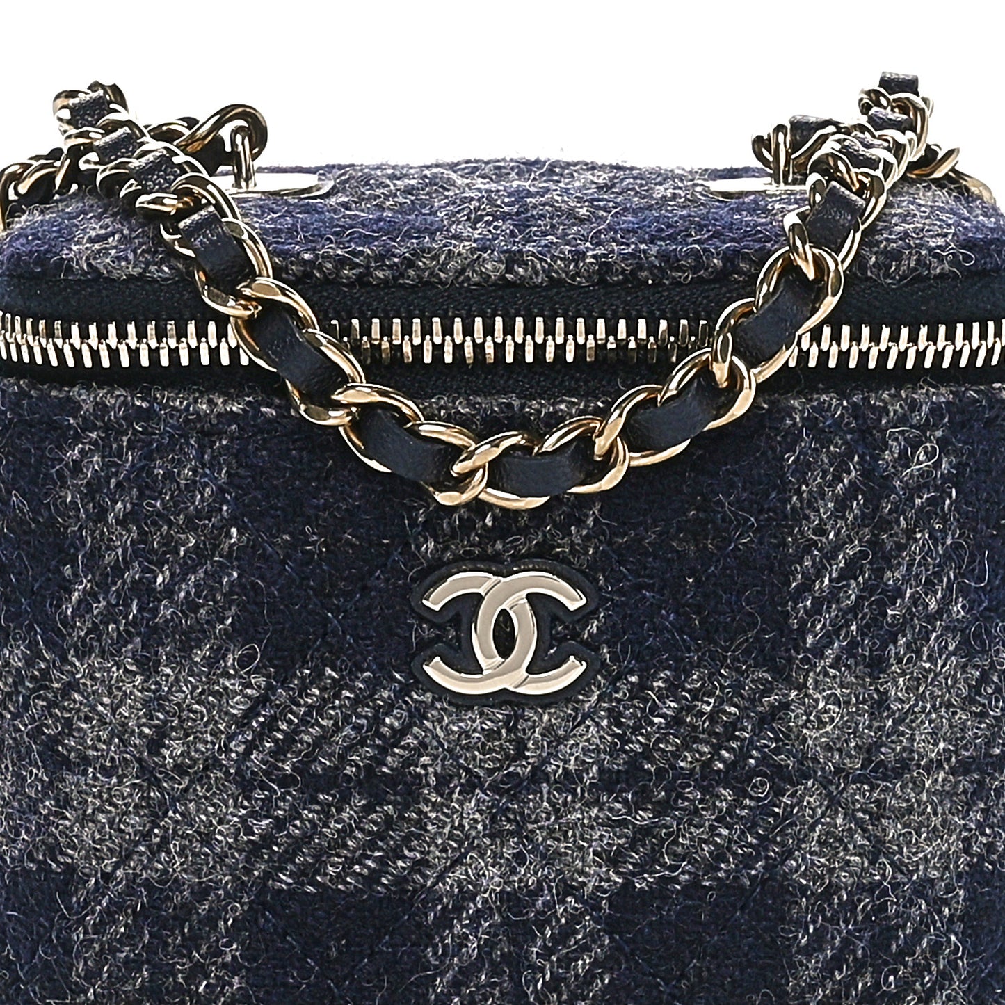 Wool Plaid Quilted Mini Vanity Case With Chain Blue
