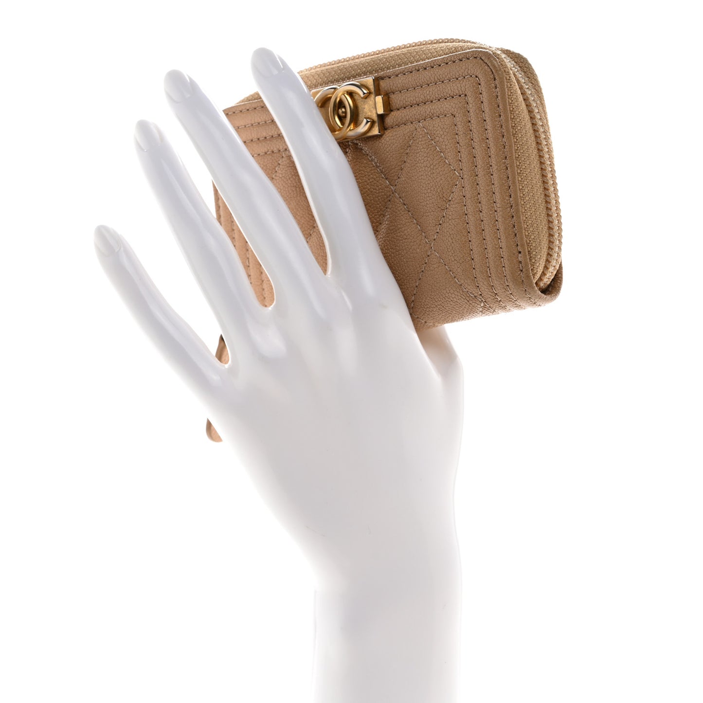 Caviar Quilted Boy Zip Around Coin Purse Wallet Beige