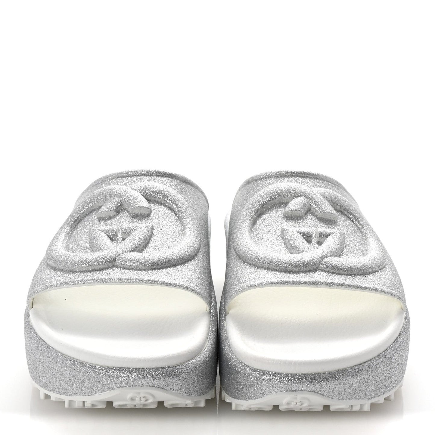 Glitter Rubber Womens InterLocking G Platform 42mm Slide Sandals 37 Silver