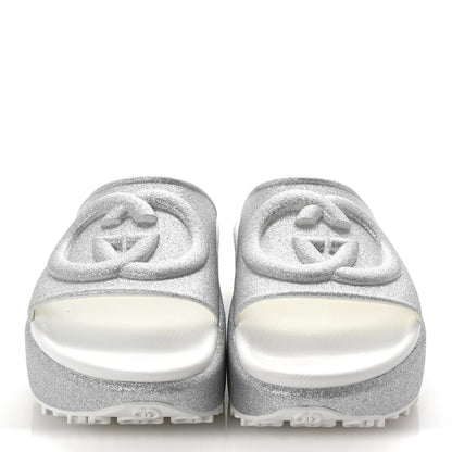 Gucci Glitter Rubber Womens InterLocking G Platform 42mm Slide Sandals 37 Silver 3 of 7