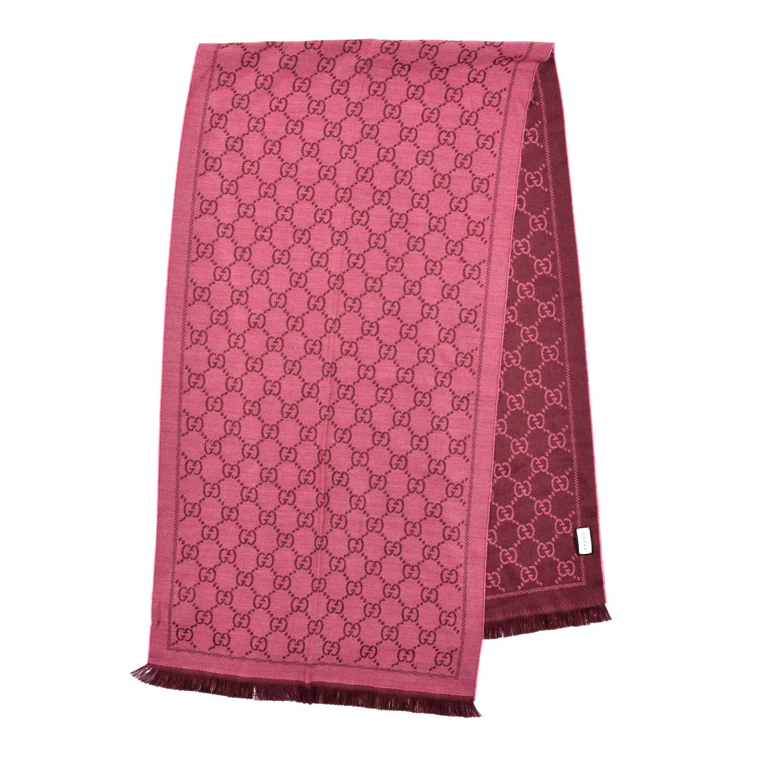 Gucci Wool Jacquard Monogram Reversible Stencil Fringe Scarf Pink Red 2 of 7