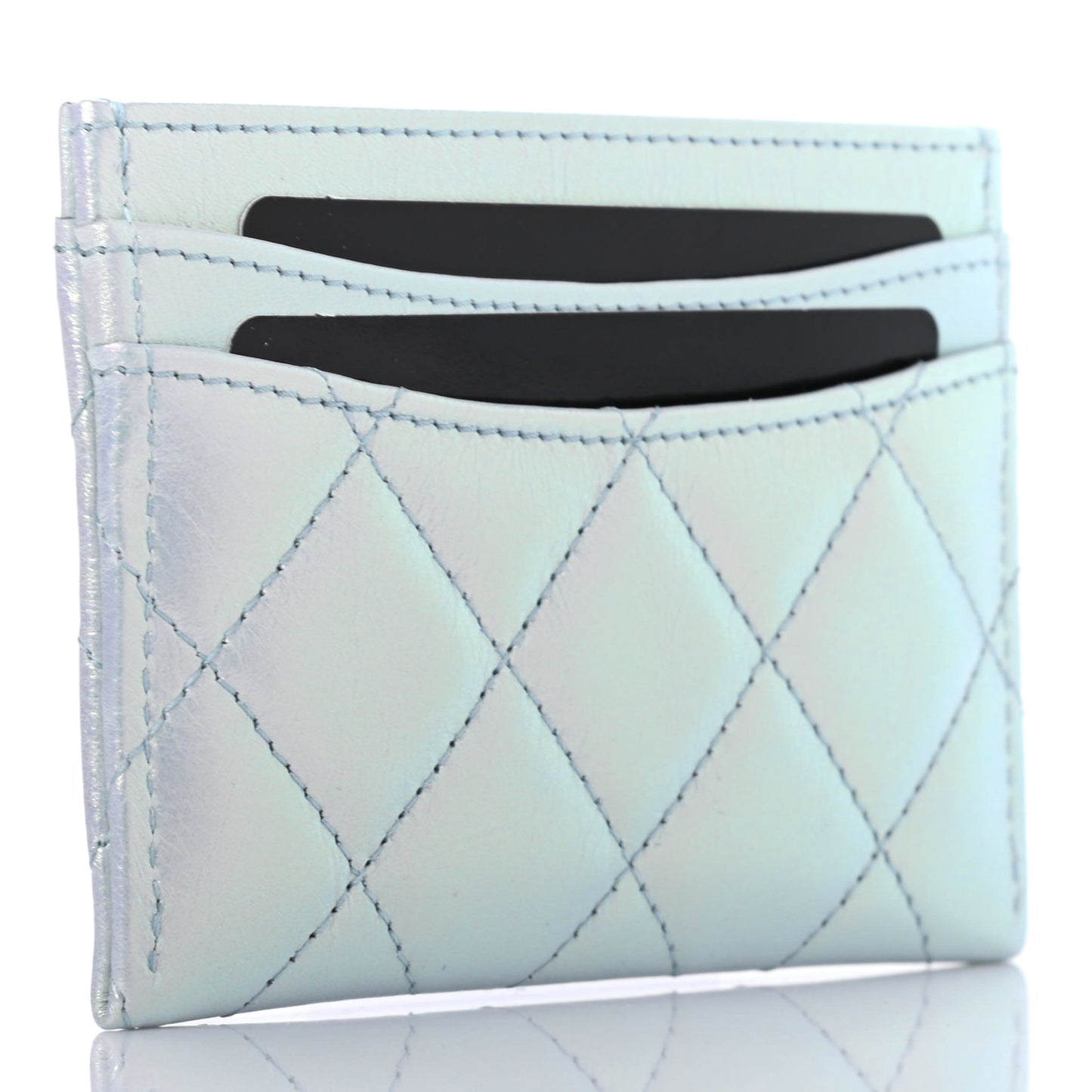 Iridescent Calfskin Quilted Card Holder Light Blue