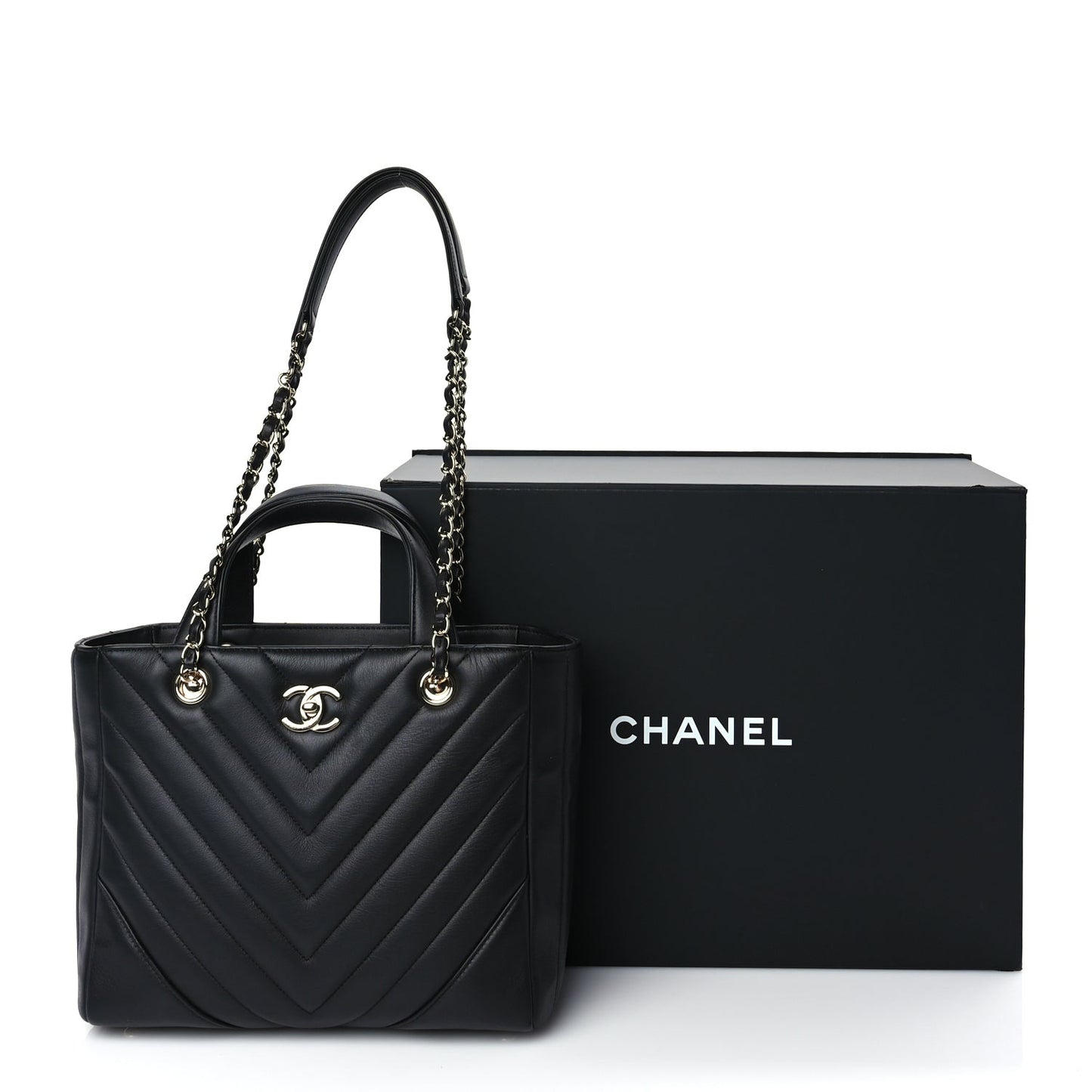 Calfskin Chevron Quilted Small Statement Shopping Tote Black