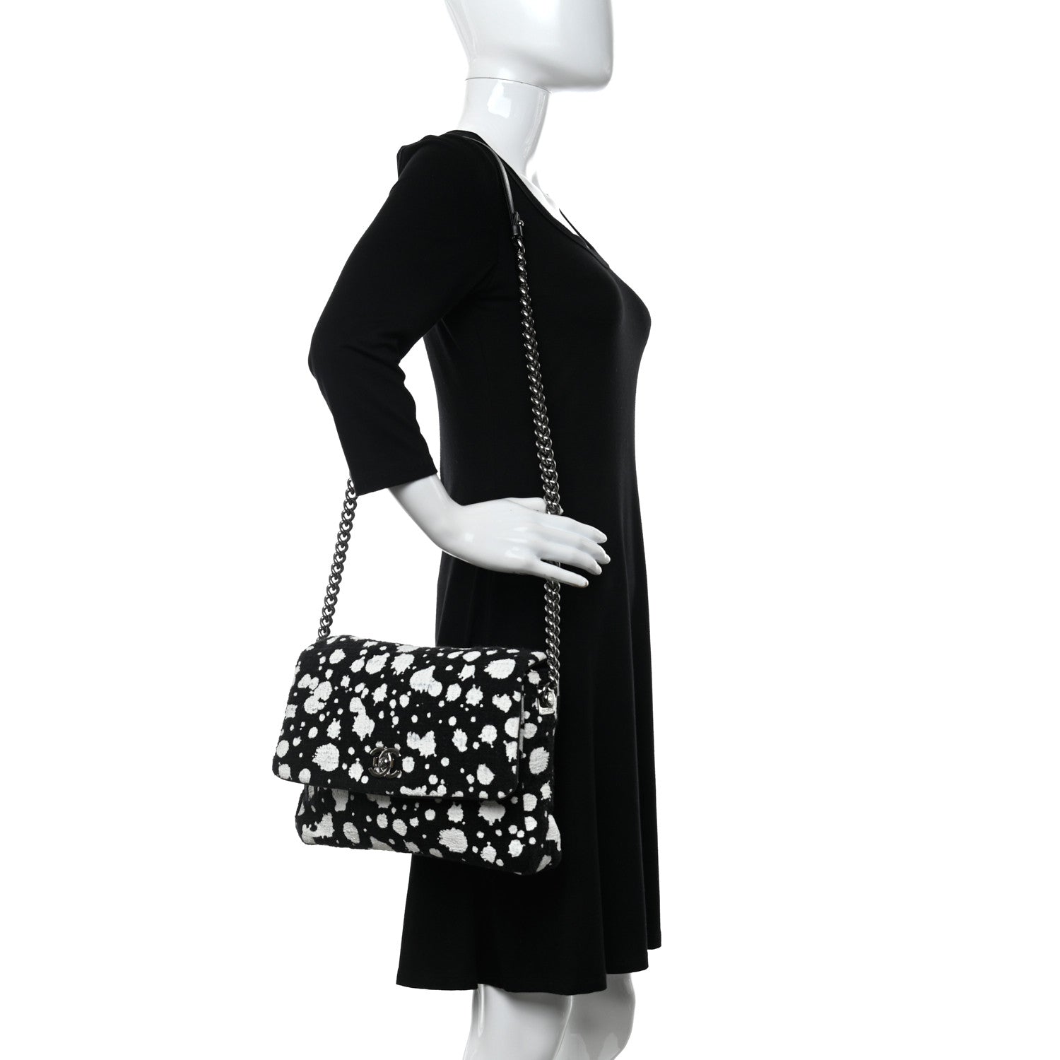 Chanel Tweed Paint Splatter Print Flap Black White 2 of 10