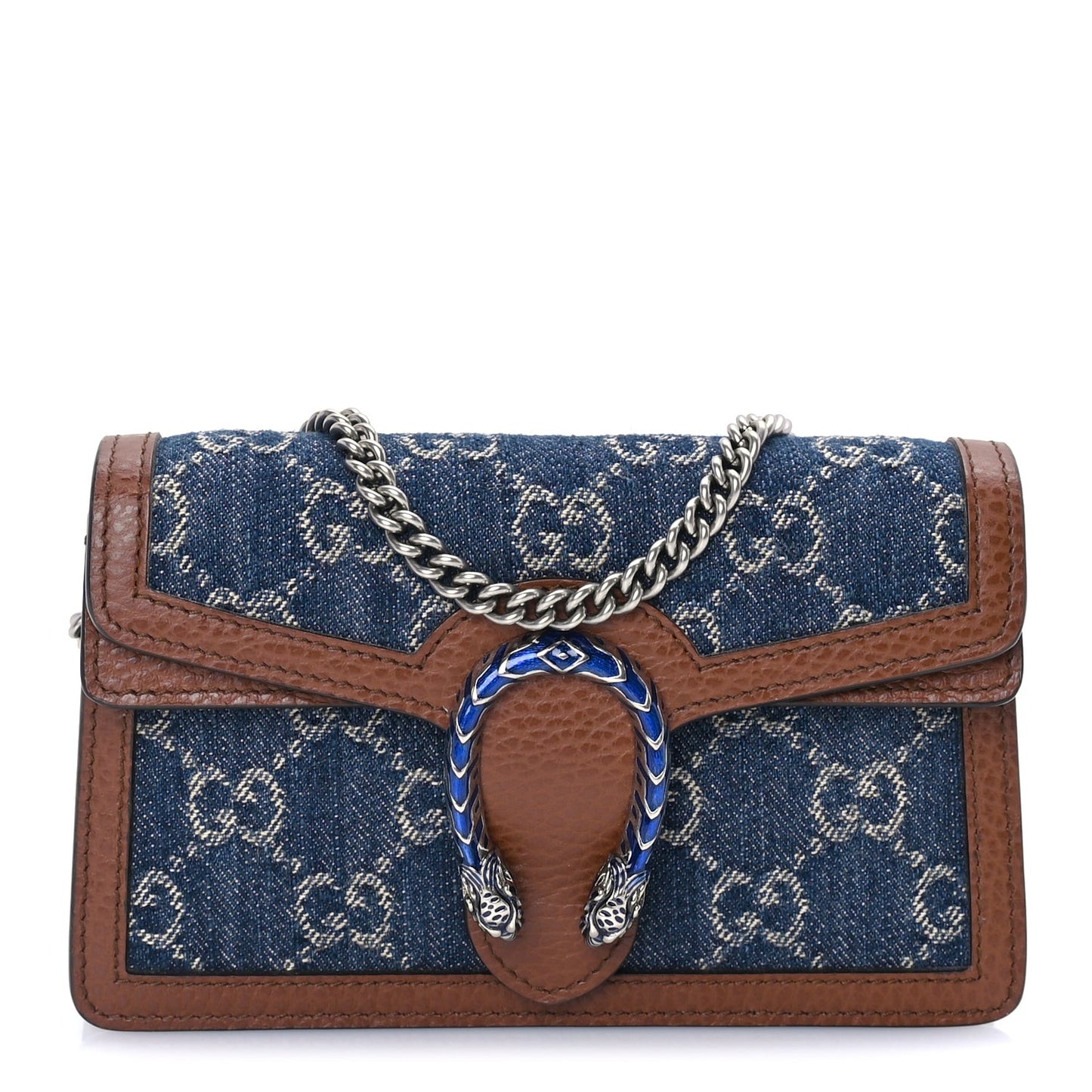 New Denim GG Monogram Dollar Calfskin Enamel Super Mini Dionysus Shoulder Bag Blue Tea Cuir Epilog Electric Blue