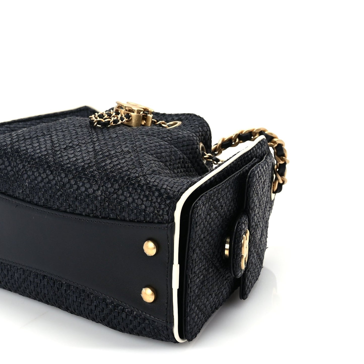Braided Raffia Calfskin Quilted Mini  25 Handbag Black White