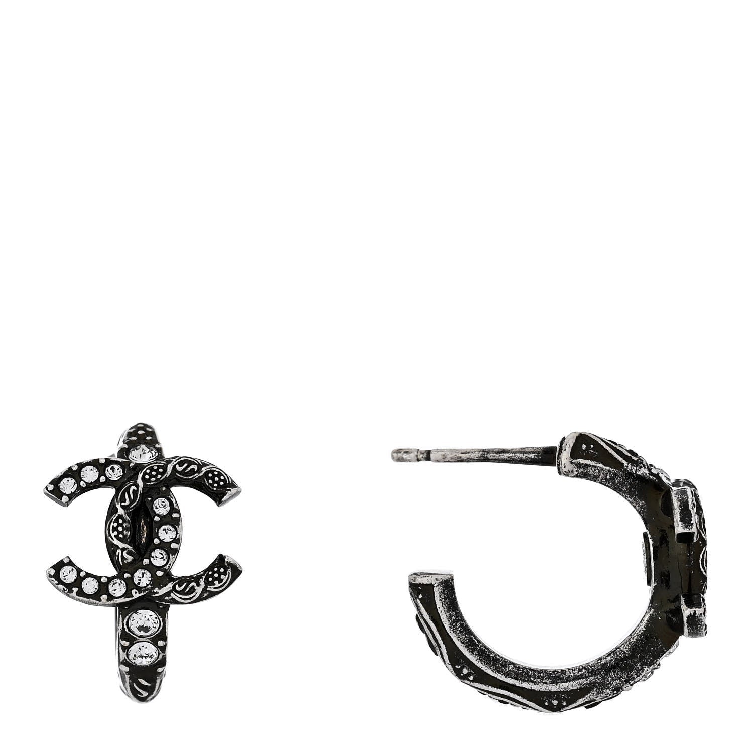 Chanel Metal Crystal CC Hoop Earrings Silver 1 of 4