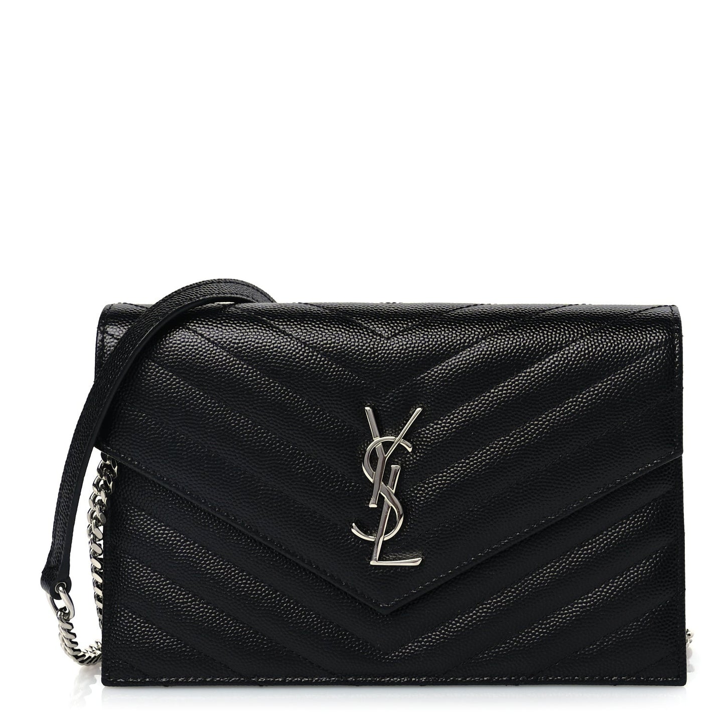 Grain De Poudre Matelasse Chevron Monogram Envelope Chain Wallet Black