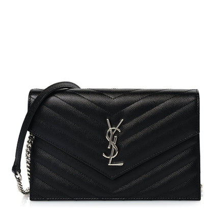 Saint Laurent Grain De Poudre Matelasse Chevron Monogram Envelope Chain Wallet Black 1 of 16