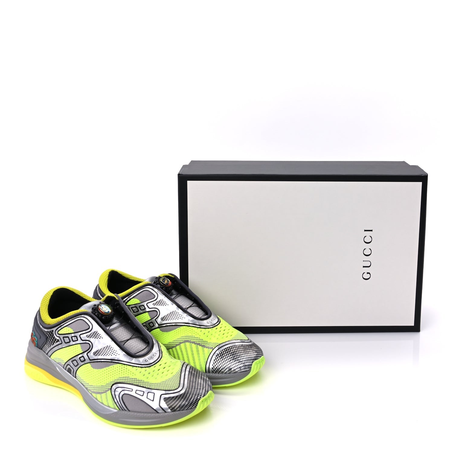 Gucci Fabric Mens Ultrapace R Mid Top Sneakers 7.5 Grey Neon Yellow Silver Loess 10 of 10