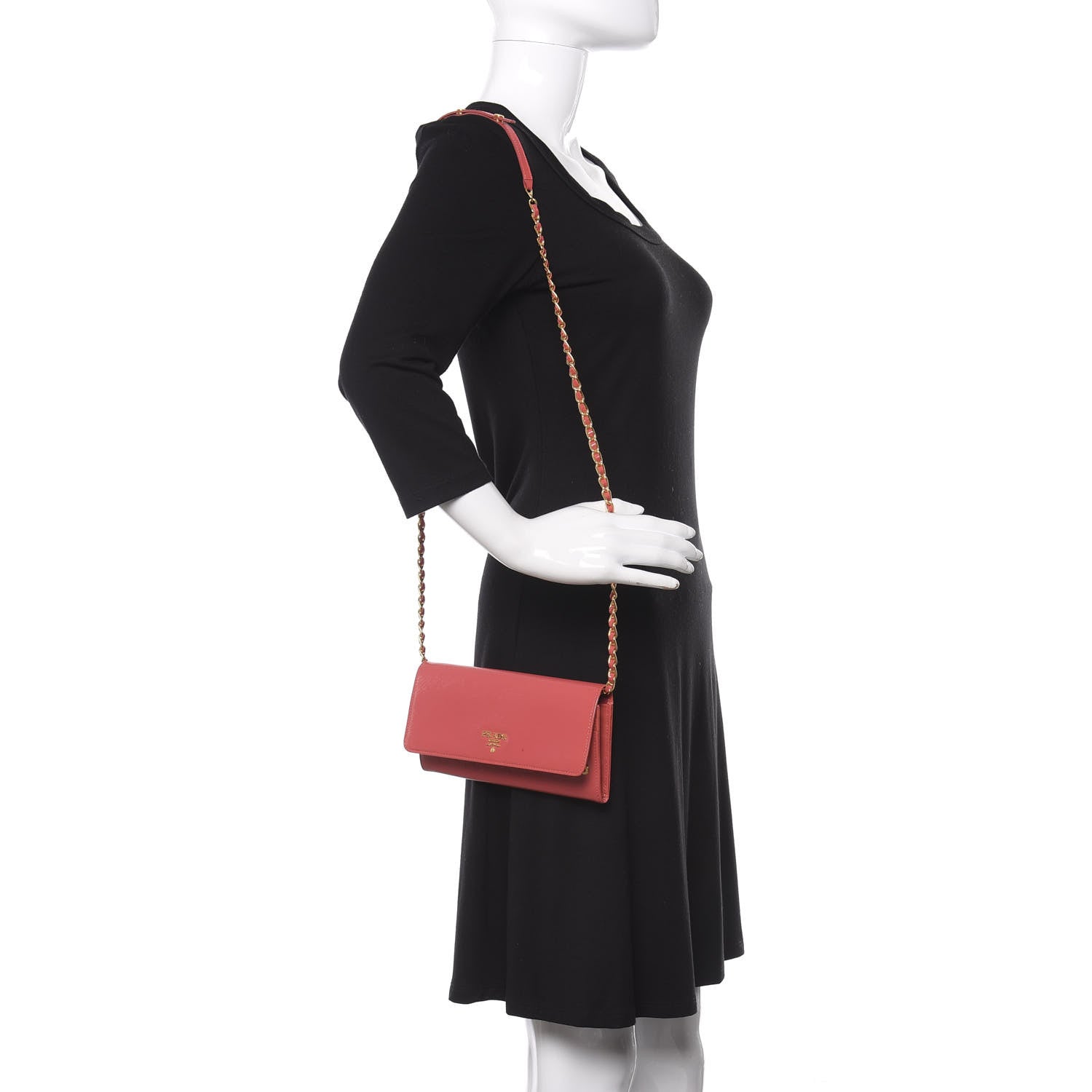 Prada Saffiano Vernice Metal Oro Chain Wallet Fragola 2 of 11