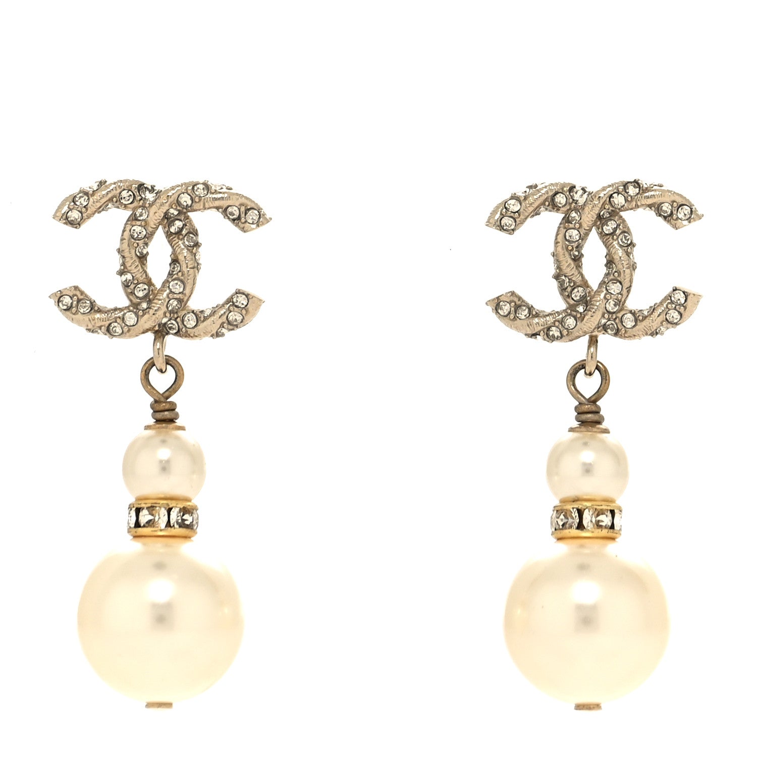Chanel Pearl Crystal Twisted CC Drop Earrings Gold 1 of 4