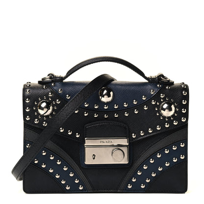 Prada Saffiano Studded Sound Bag Black Blue 1 of 4