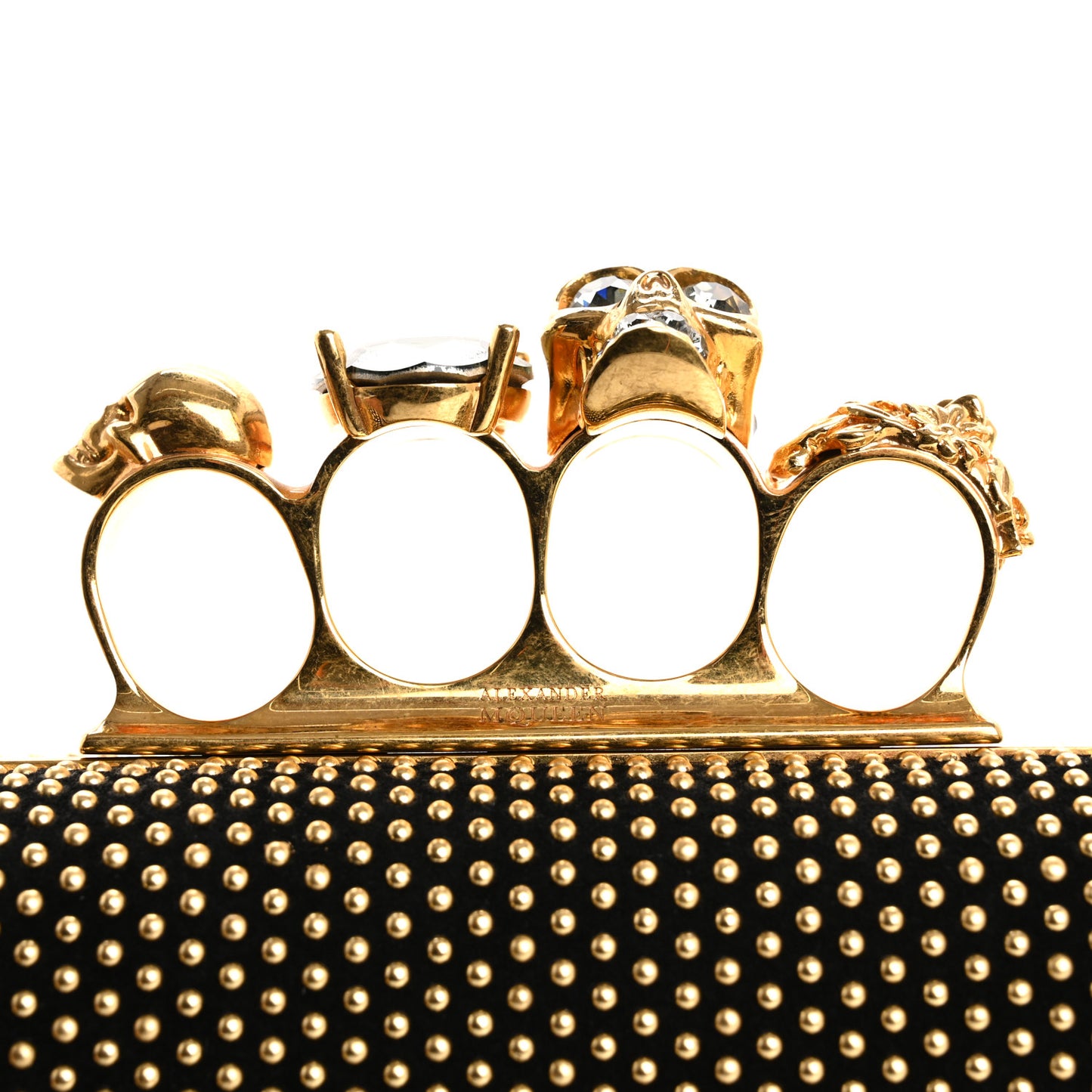 Suede Studded Skull Knuckle Box Clutch Black Gold