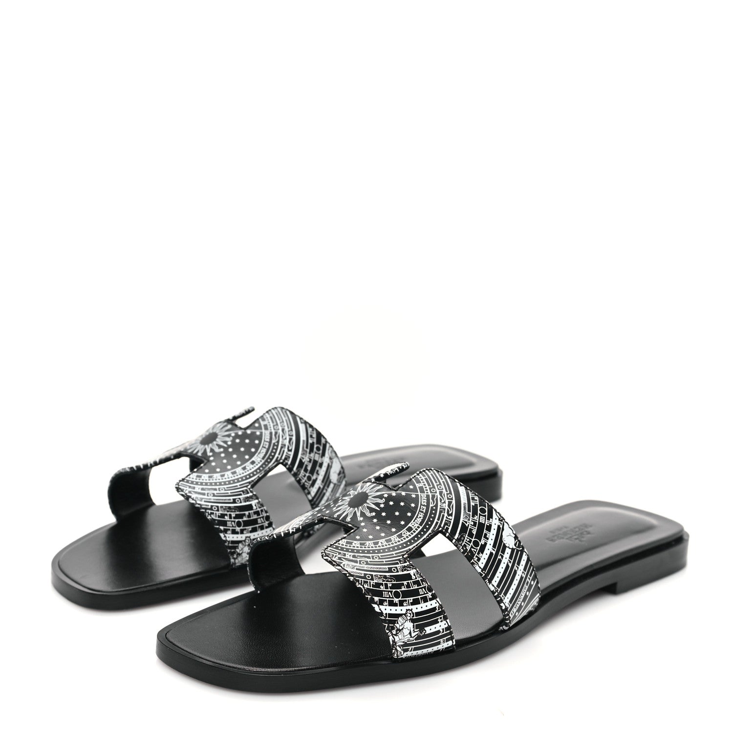 Hermes Calfskin Astrologie Bandana Oran Sandals 38 Black White 3 of 9