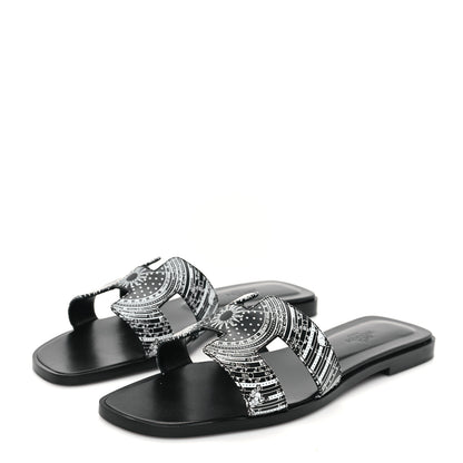 Hermes Calfskin Astrologie Bandana Oran Sandals 38 Black White 3 of 9