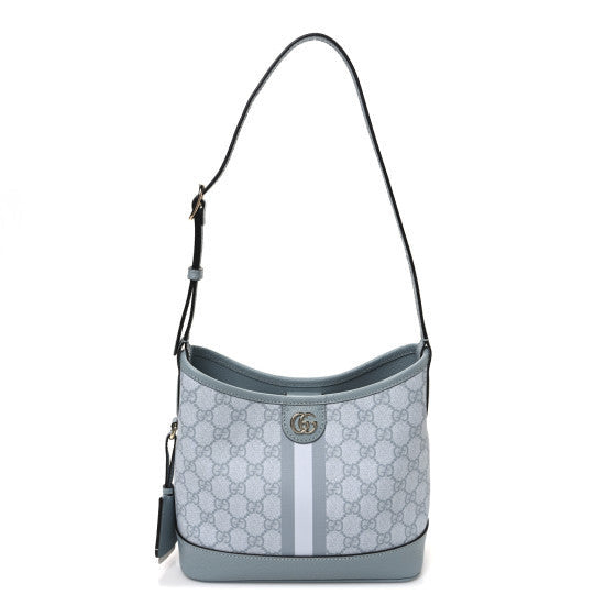Gucci GG Supreme Monogram Textured Dollar Calfskin Web Small Ophidia Bucket Shoulder Bag Dusty Blue 1 of 10
