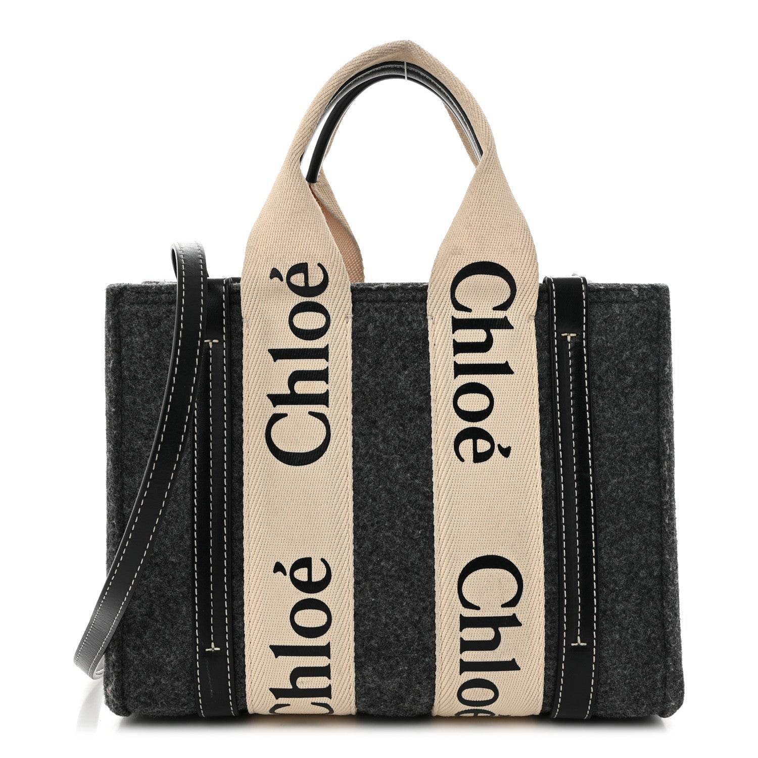 Chloe Felt Calfskin Small Woody Ribbon Tote With Strap Cashmere Grey 1 of 7