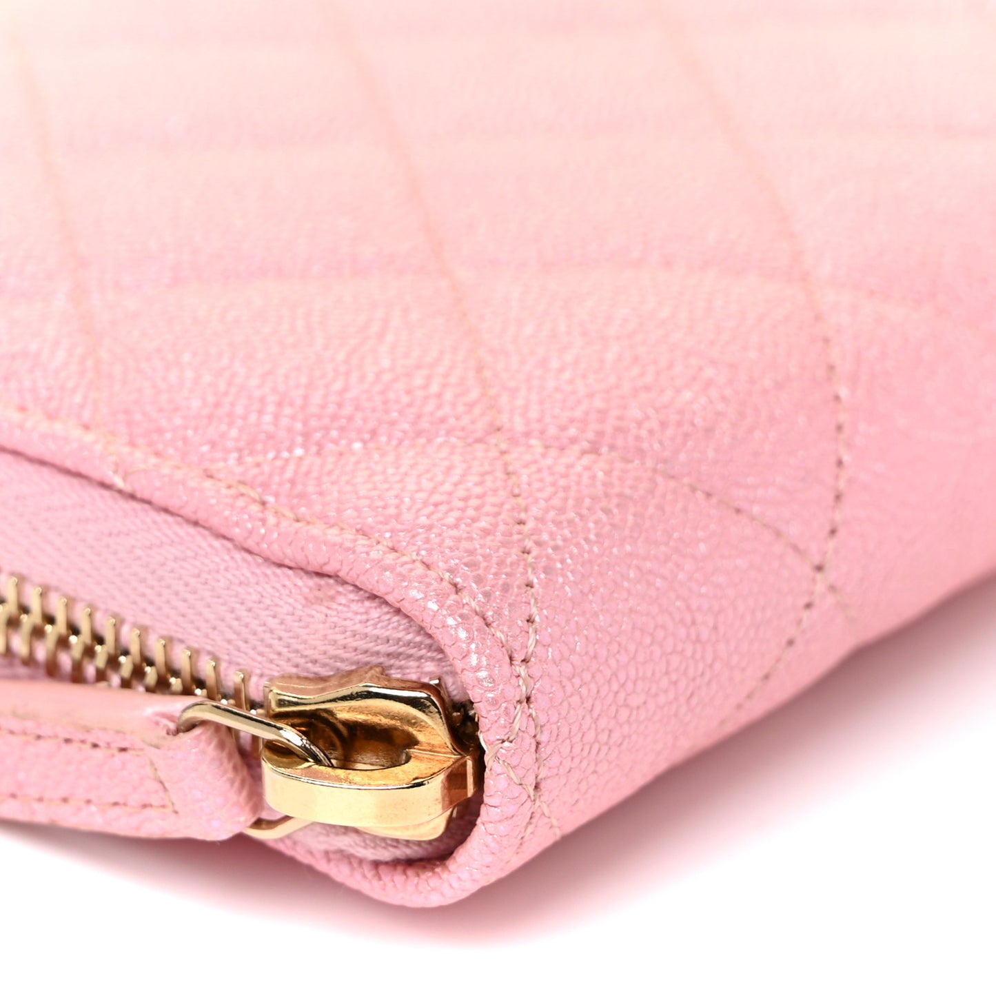 Iridescent Caviar Quilted Large Zip Around Wallet Pink