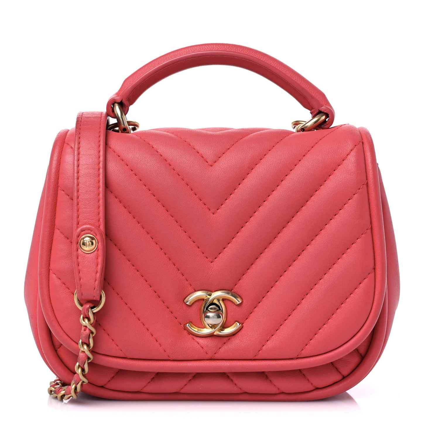 Lambskin Reverse Chevron Quilted Mini Round Top Handle Flap Bright Pink