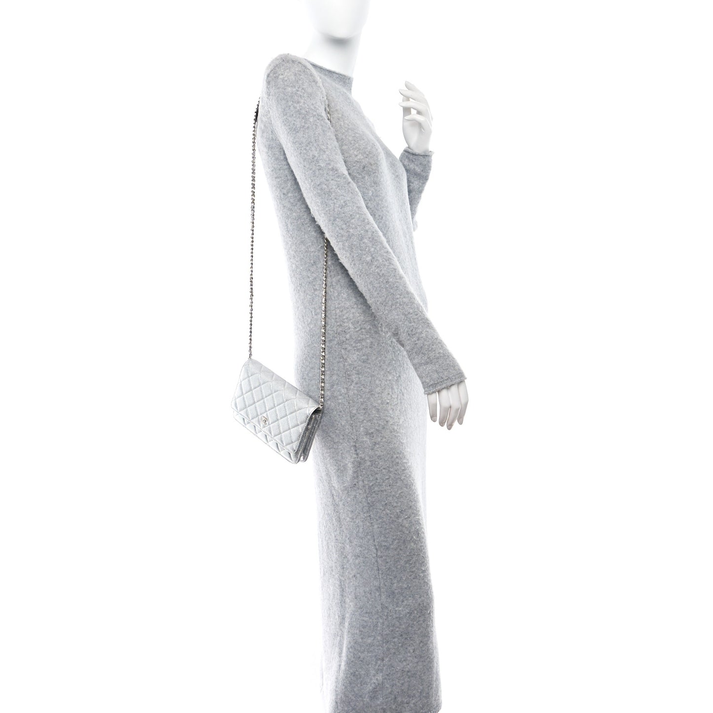 Metallic Lambskin Quilted Wallet On Chain WOC Silver