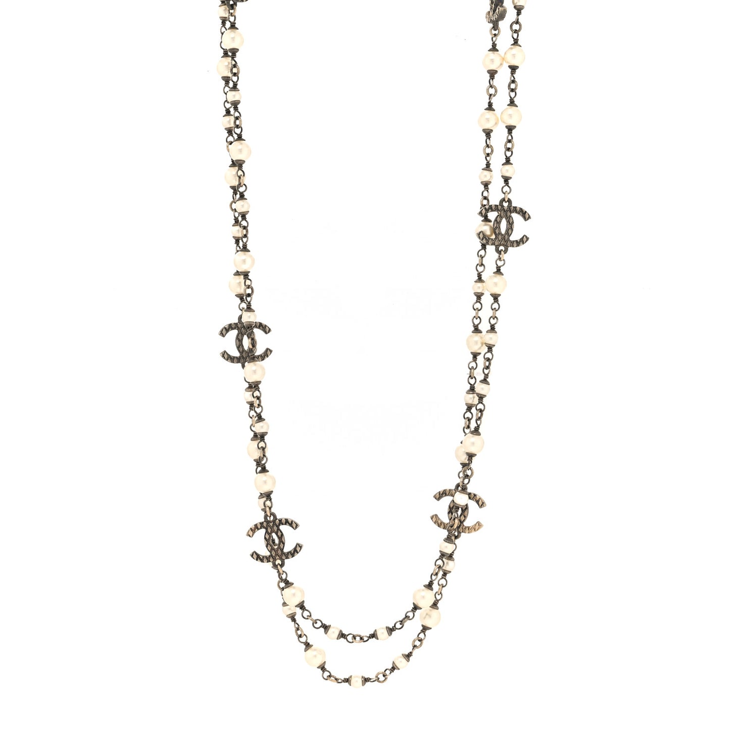 Pearl Metal Quilted CC Long Necklace Gold