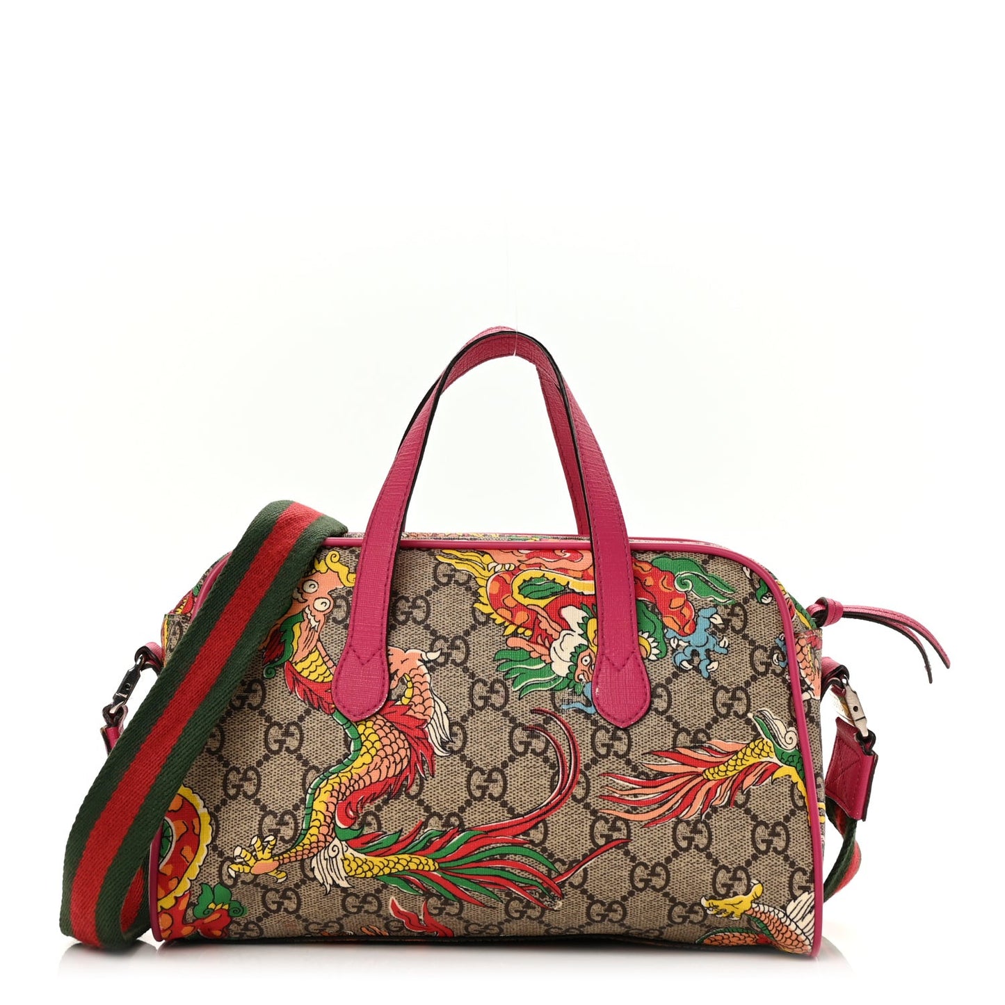 GG Supreme Monogram Web Textured Dollar Calfskin Dragon Bowling Bag Pink