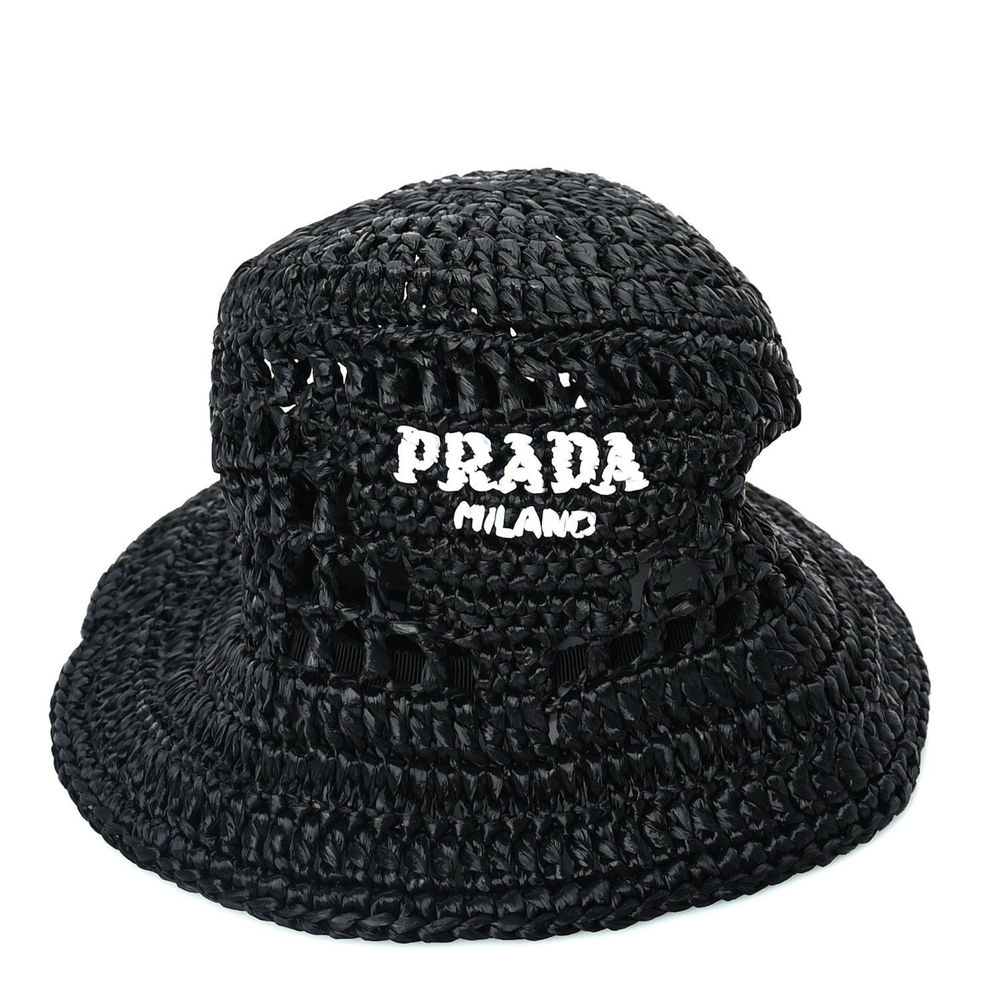 Yarn Raffia Effect Crochet Logo Embroidered Womens Bucket Hat M Black