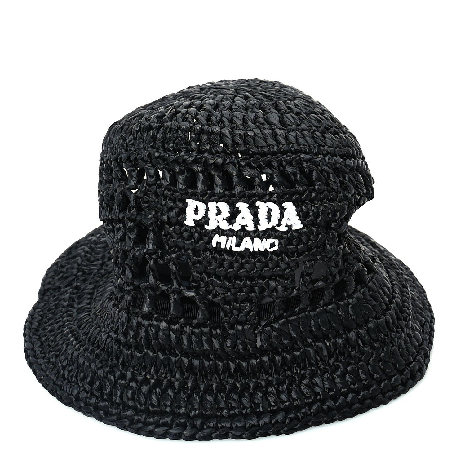 Prada Yarn Raffia Effect Crochet Logo Embroidered Womens Bucket Hat M Black 1 of 6