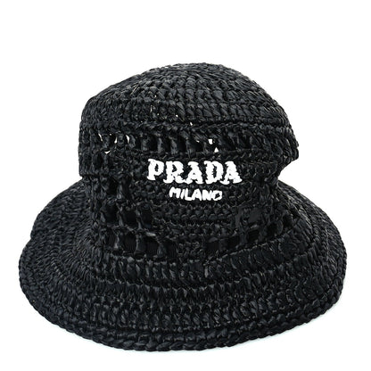 Prada Yarn Raffia Effect Crochet Logo Embroidered Womens Bucket Hat M Black 1 of 6