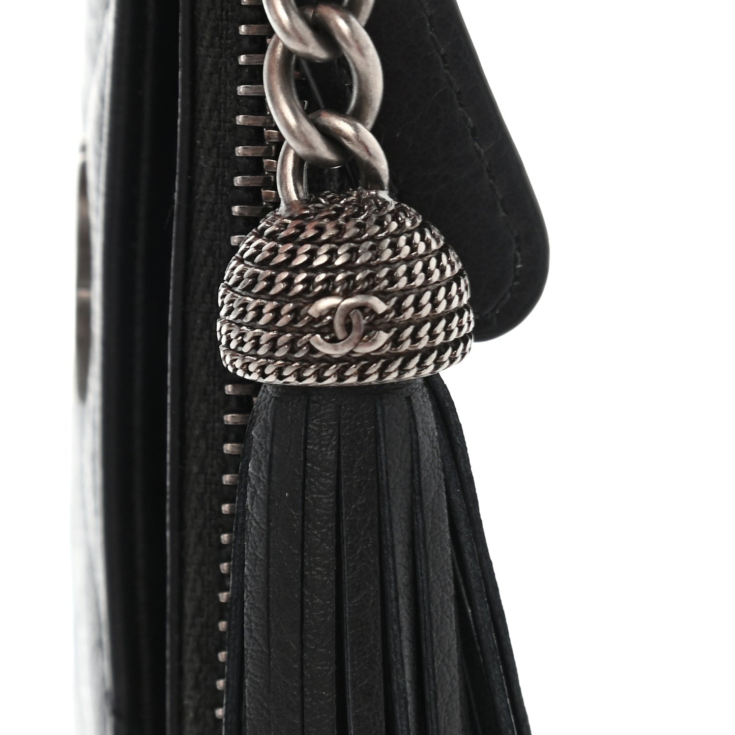 Calfskin Chevron Quilted Tassel Zip Card Holder Black