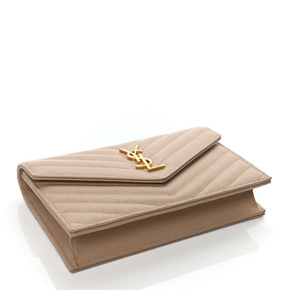 Saint Laurent Grain De Poudre Matelasse Chevron Monogram Envelope Chain Wallet Dark Beige 3 of 10