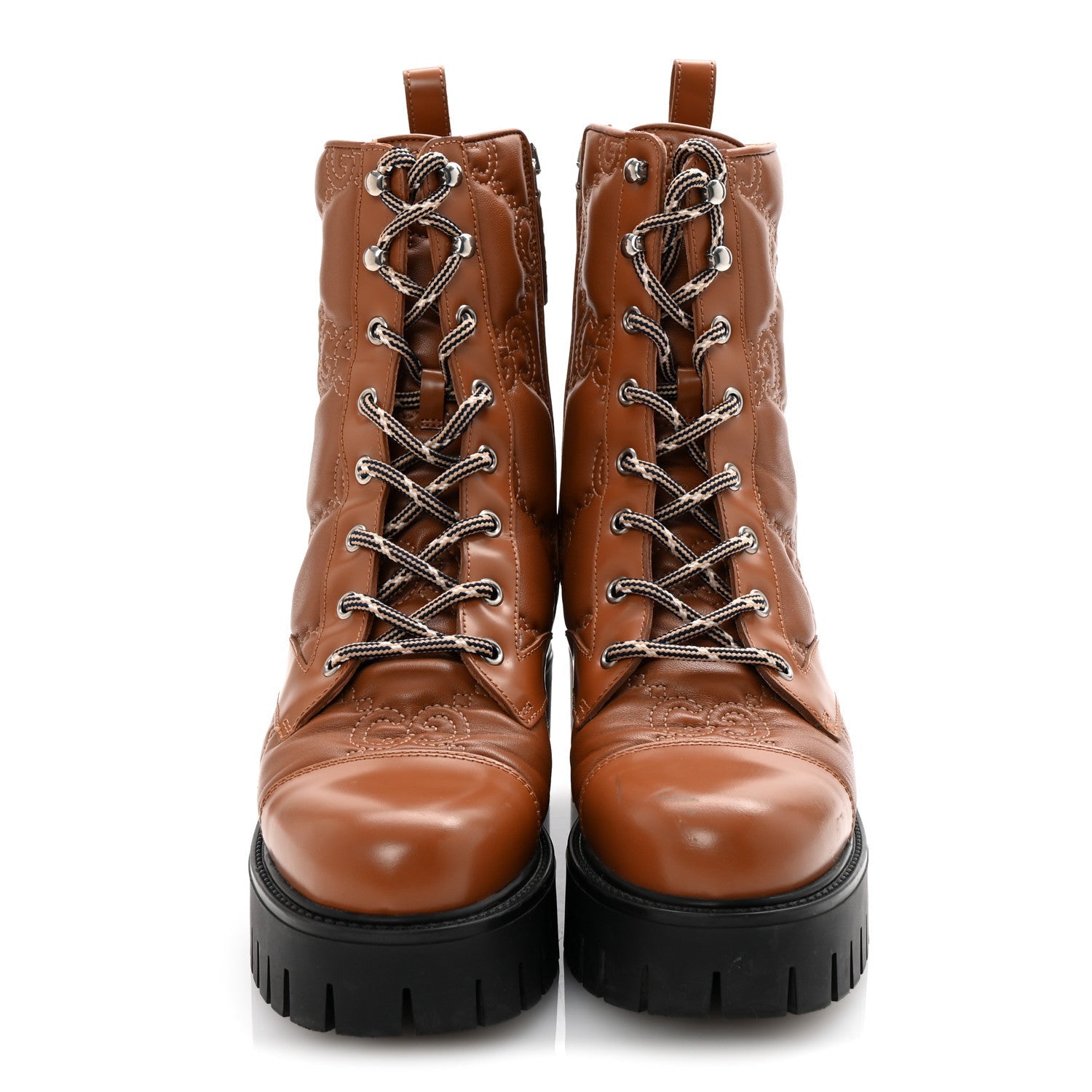 Gucci Cordovan Lux Nappa GG Matelasse Lace Up 60mm Combat Boots 37.5 Dark Hazel Brown 3 of 7