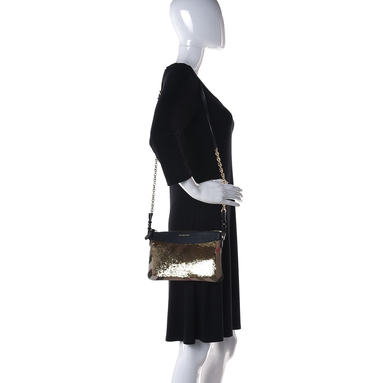 Burberry House Check Sequin Peyton Crossbody Clutch Bag Gold Black 2 of 10