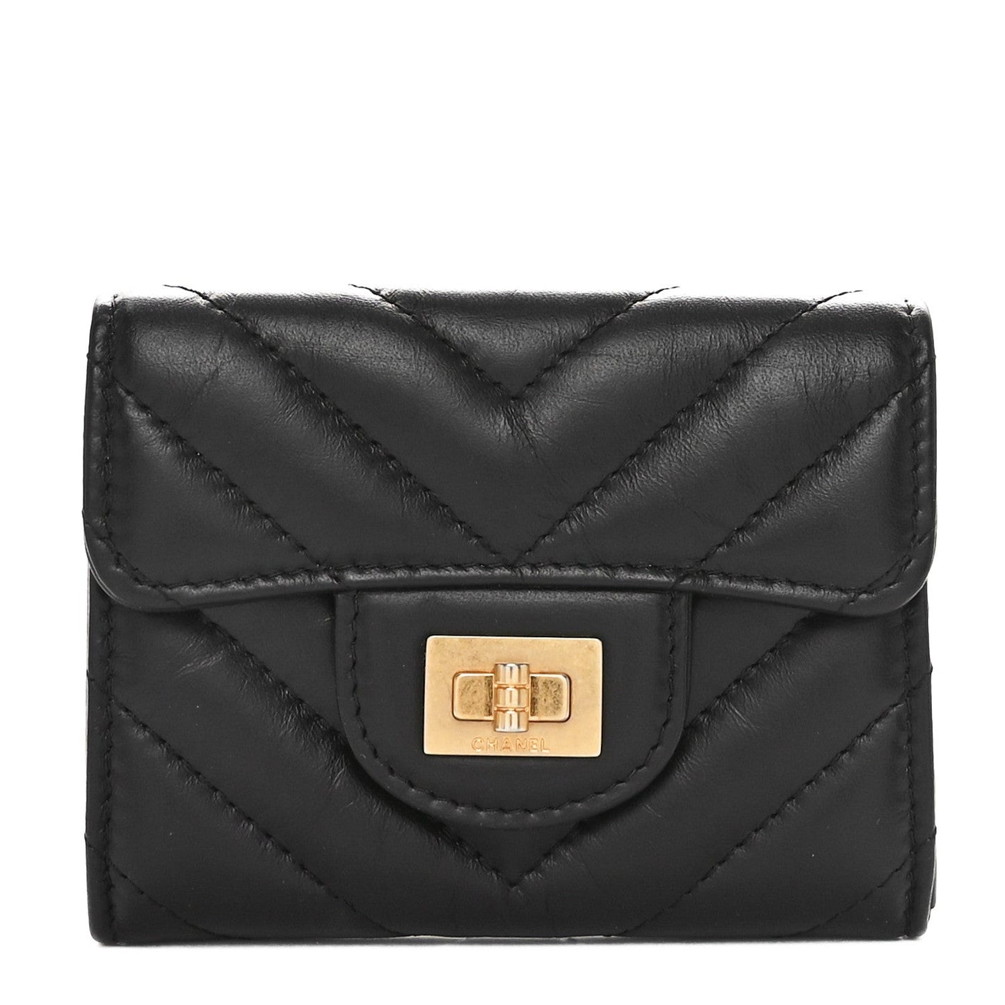 Aged Calfskin Chevron Quilted Reissue Card Holder Wallet Black