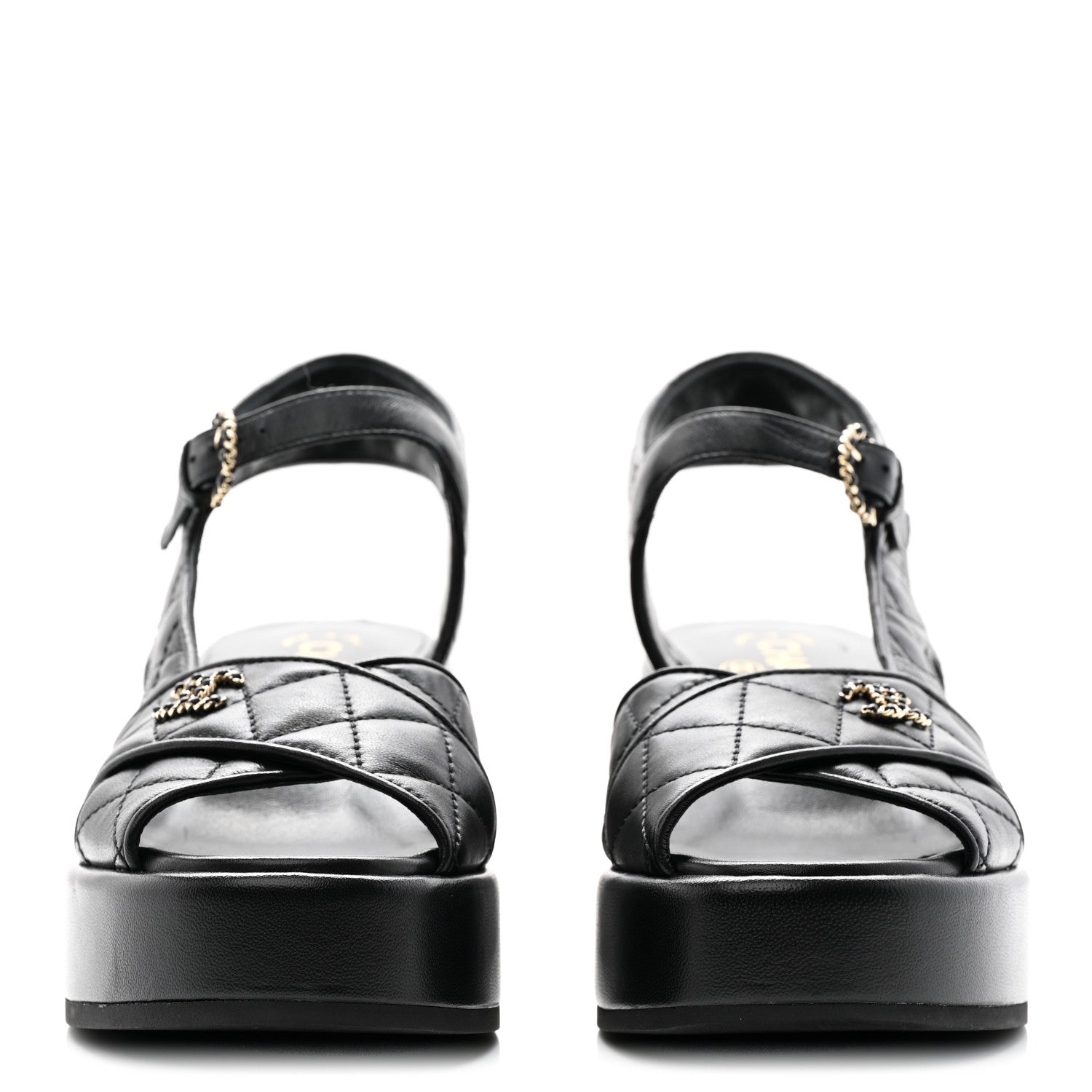 Chanel Lambskin Quilted Peep Toe Wedge Sandals 36.5 Black 2 of 19