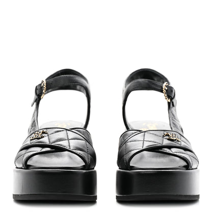 Chanel Lambskin Quilted Peep Toe Wedge Sandals 36.5 Black 2 of 19