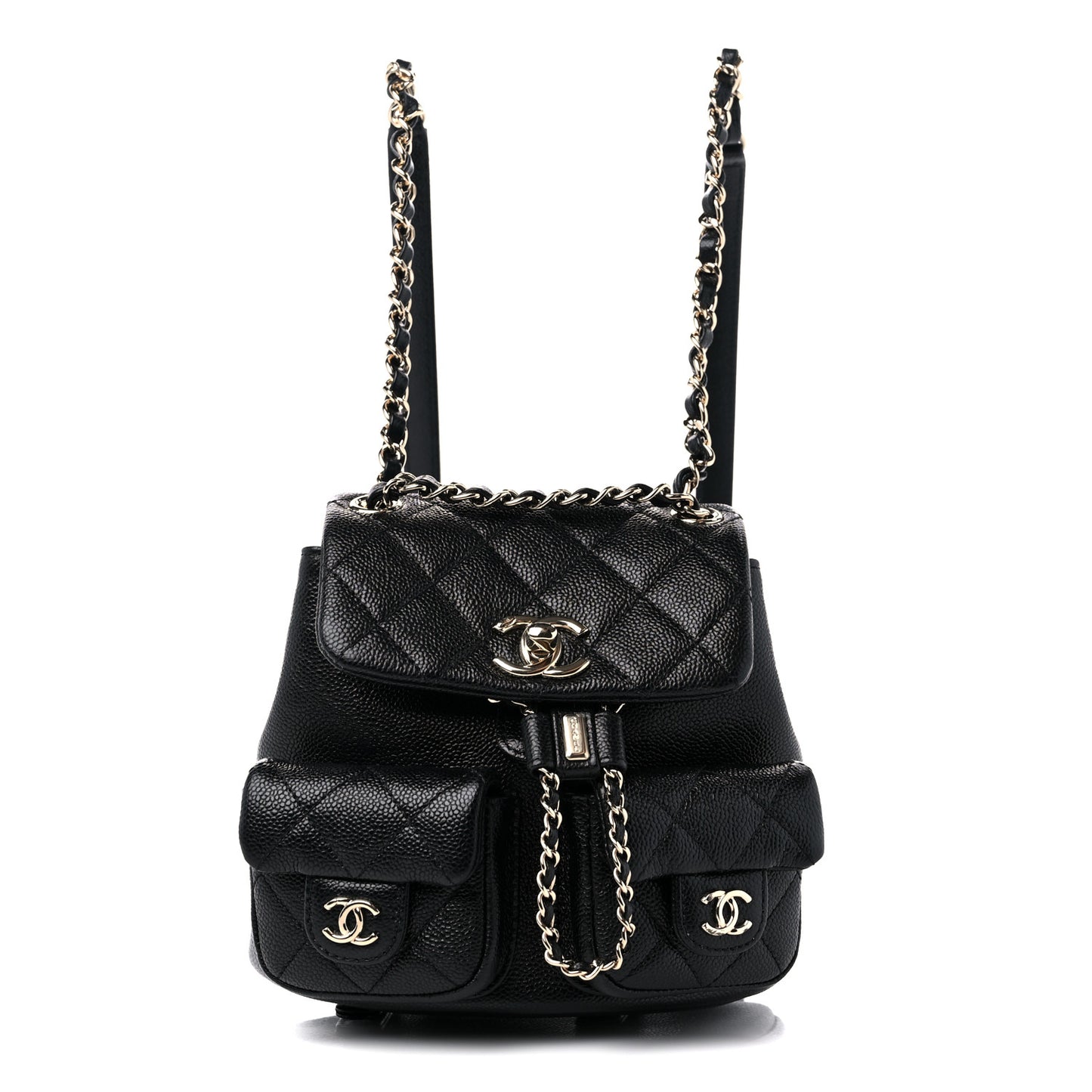 Shiny Caviar Quilted Small Duma Pockets Drawstring Backpack Black
