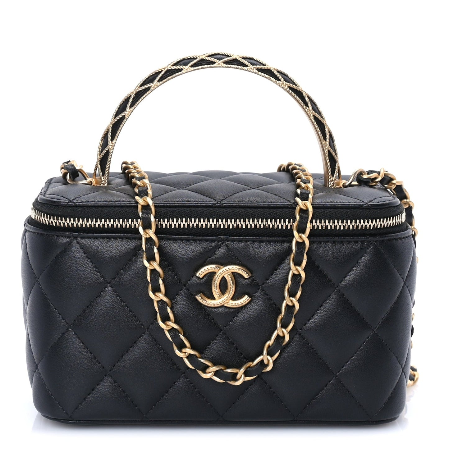 Lambskin Quilted Metal Twist Small Top Handle Vanity Case With Chain  Black