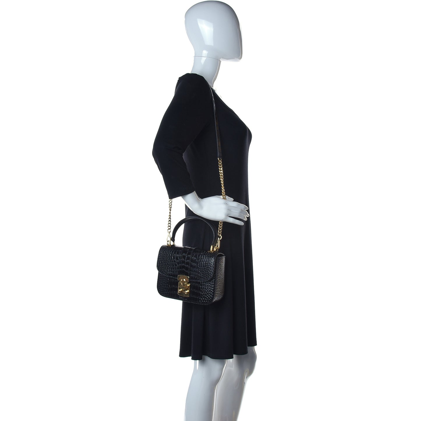 Crocodile Print Calfskin Top Handle Bag Black