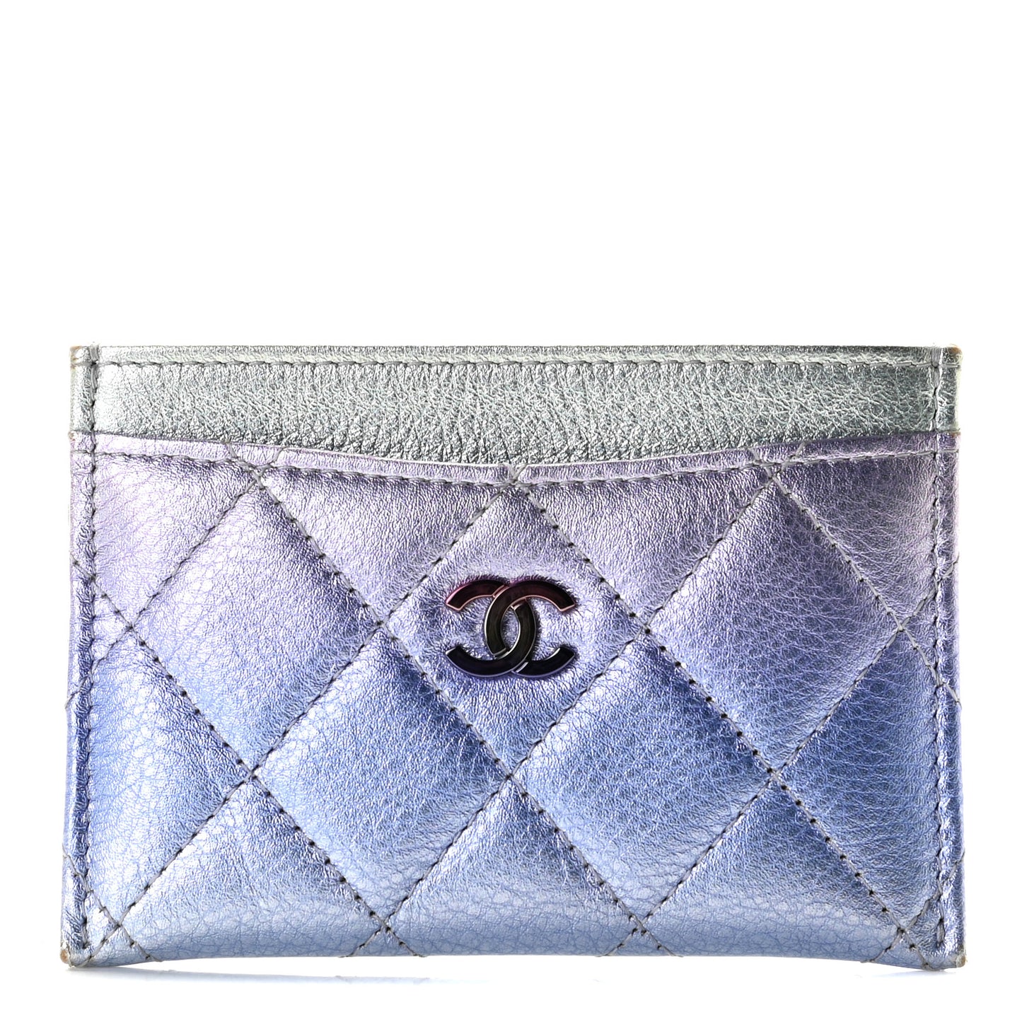 Gradient Metallic Calfskin Quilted Card Holder Silver Blue Yellow Purple