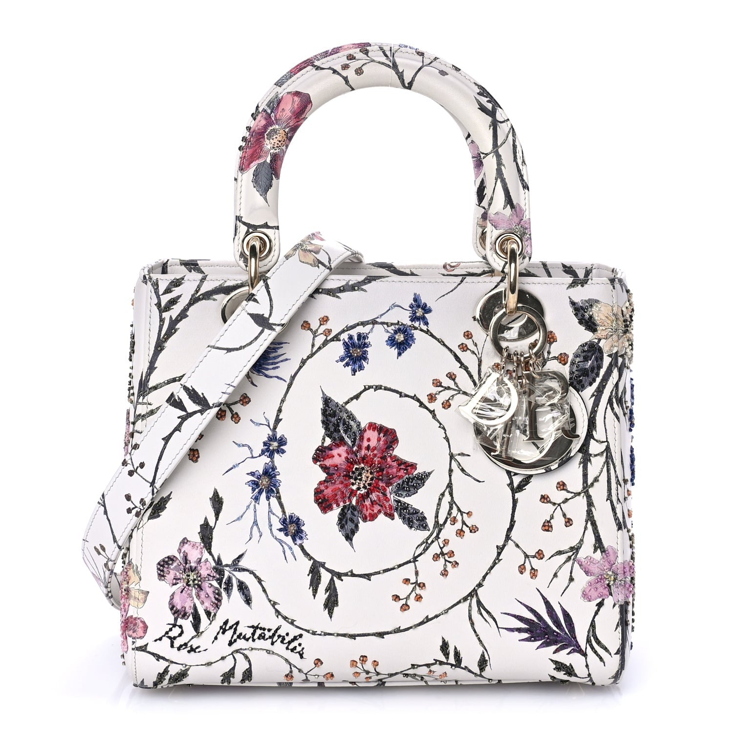 Christian Dior Calfskin Rosa Mutabilis Embroidered Medium Lady Dior  White Multicolor 1 of 7