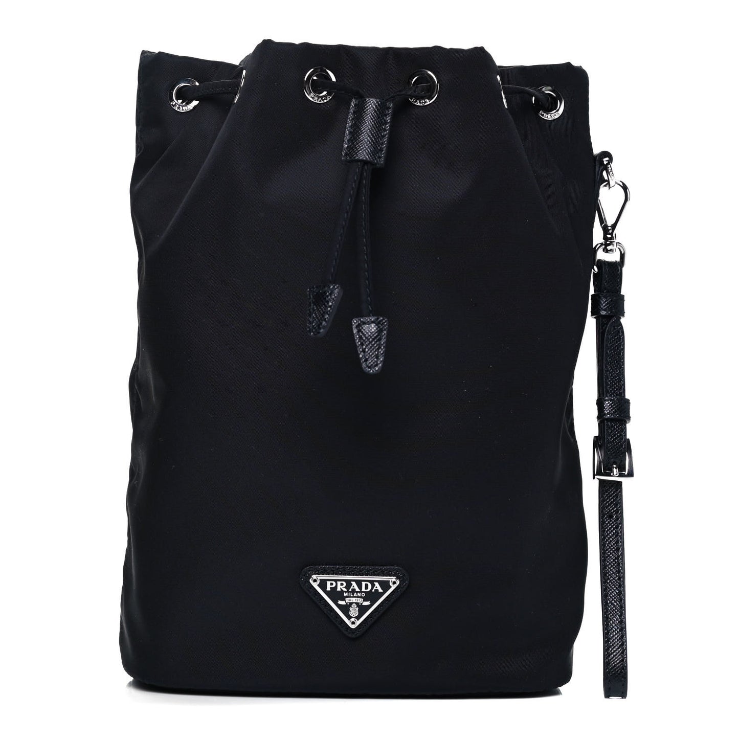 Saffiano Tessuto Nylon Vela Bucket Wristlet Black