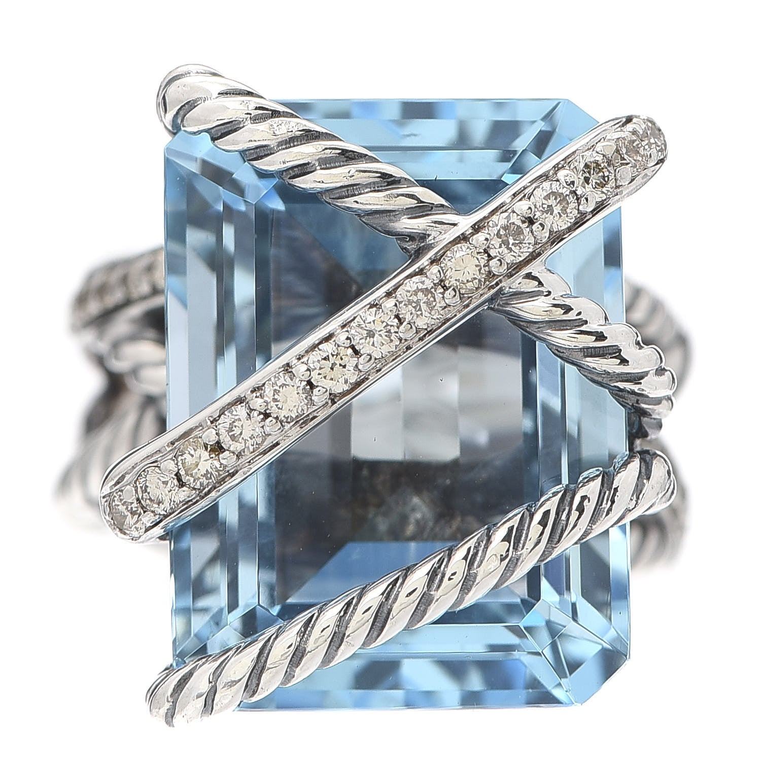 David Yurman Sterling Silver Diamond Blue Topaz 20mm Cable Wrap Ring 52 6 1 of 6