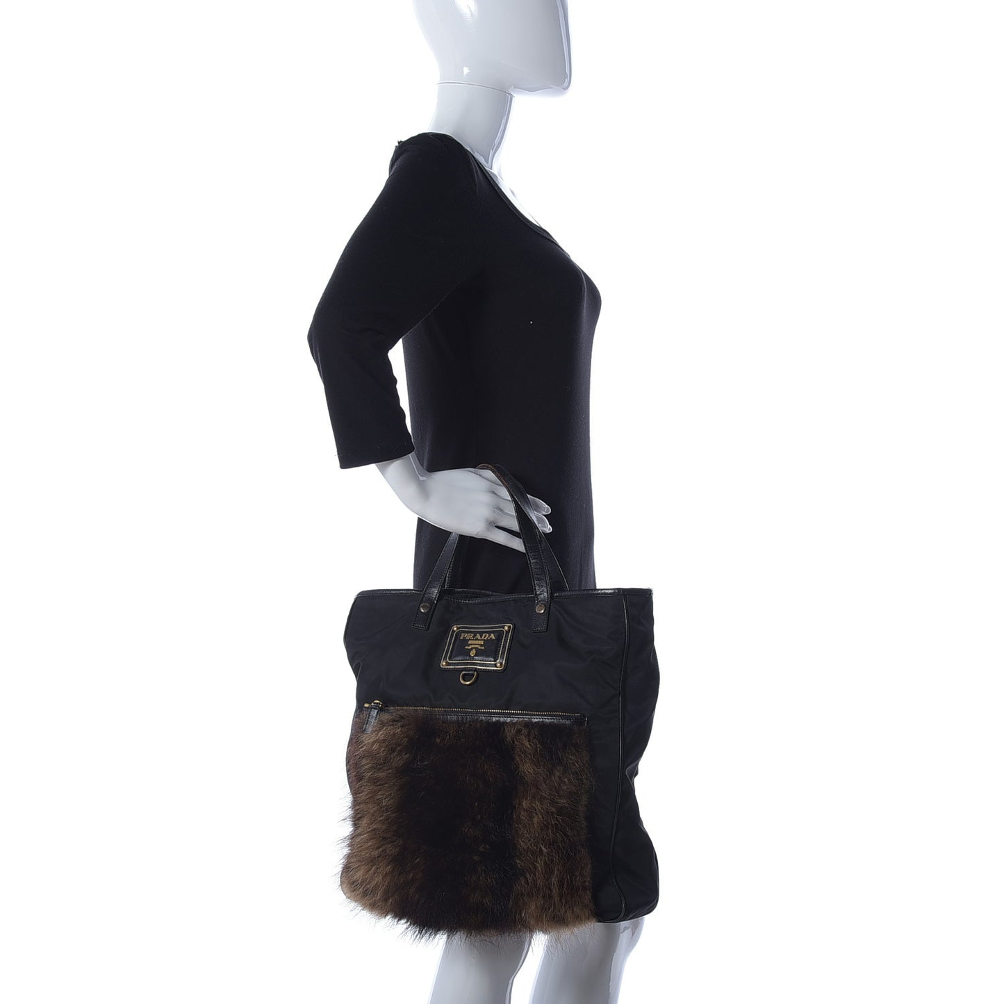 Tessuto Nylon Fur Front Pocket Tote Black