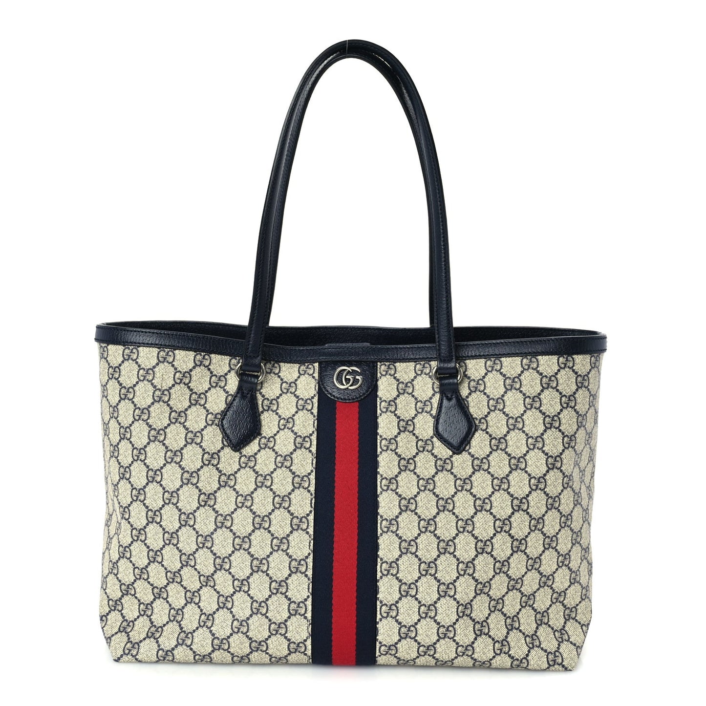 GG Supreme Monogram Textured Calfskin Web Medium Ophidia Shopping Tote Beige Blue