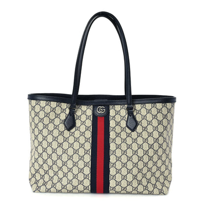 Gucci GG Supreme Monogram Textured Calfskin Web Medium Ophidia Shopping Tote Beige Blue 1 of 8