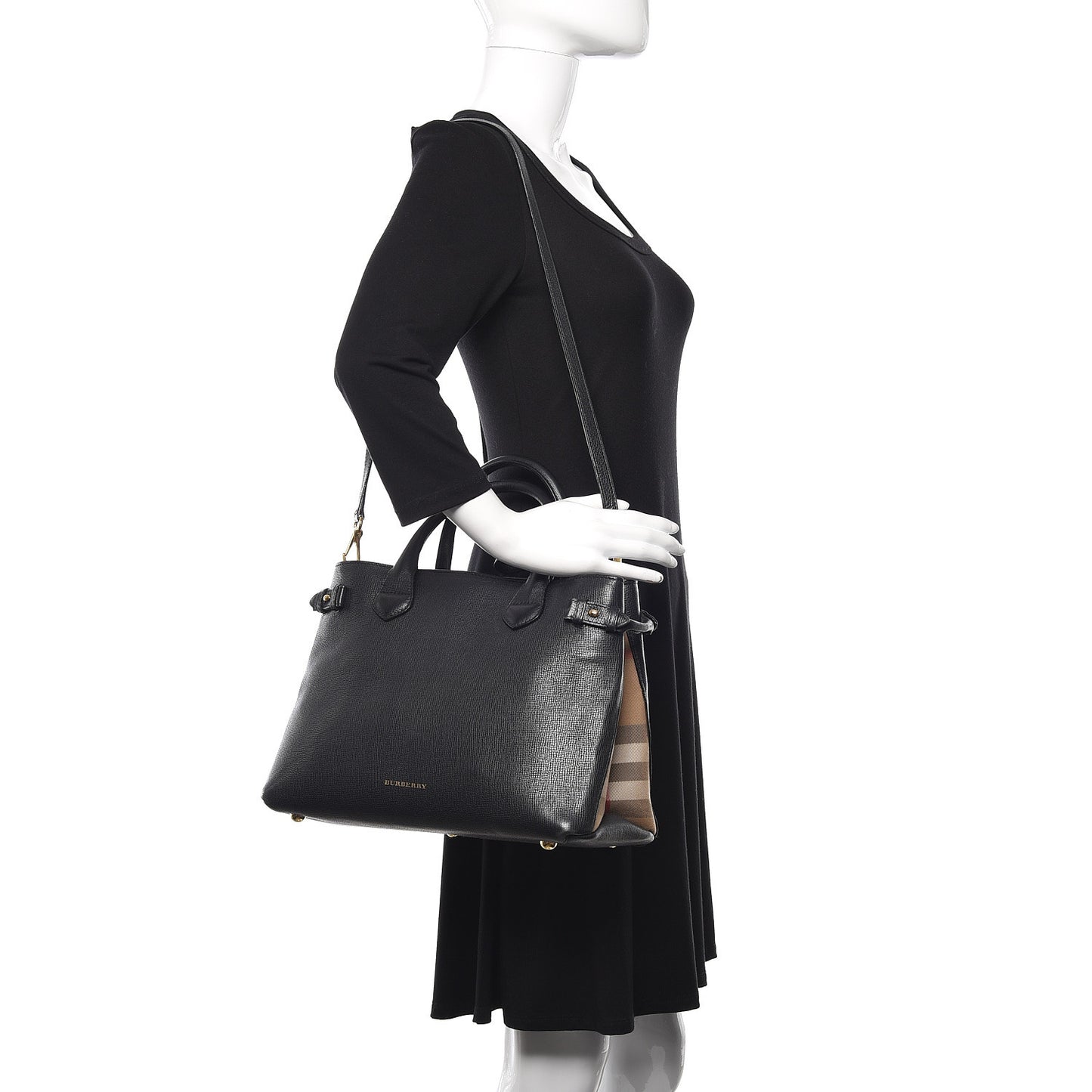 Grainy Calfskin House Check Medium Banner Tote Black